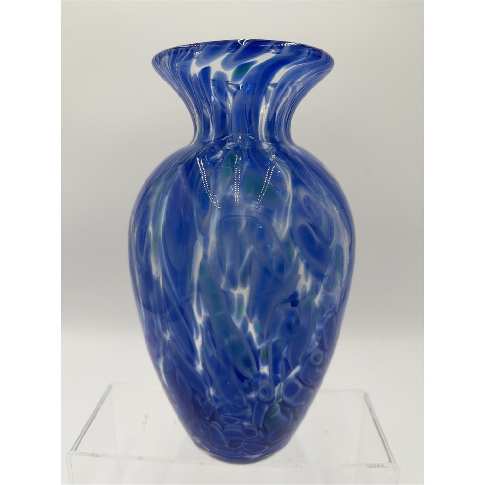 Art Glass VASE Clear with Blue White Bottle Hand Blown Studio Handmade Urn Style